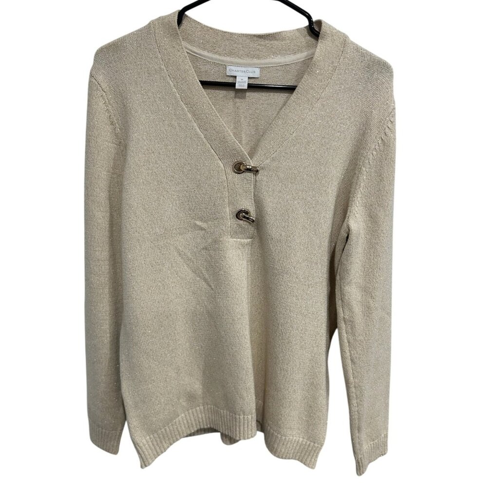 Charter Club Womens Beige Sweater V Neck Decorative Metal Closures Sz Medium